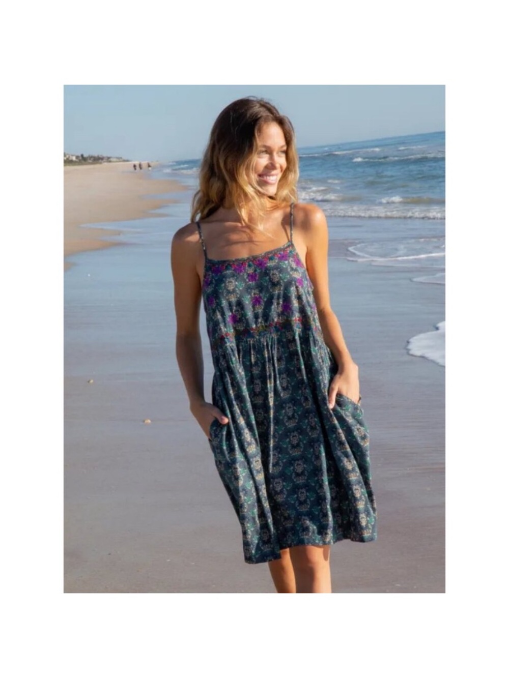 Natural Life Dress Womens Medium Sara Teal Medallion Embroidered Beach Festival